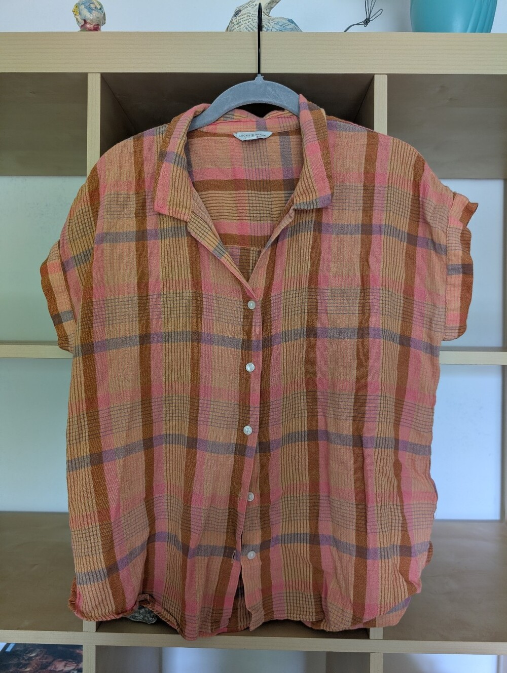 Lucky Brand  Pink and Brown Plaid Short-Sleeve Button-Up Shirt
